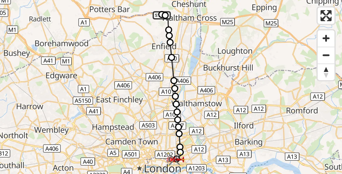 Flight route Air Ambulance Helicopter Hertfordshire - Royal London Hospital, 21 September 2026, 17:32