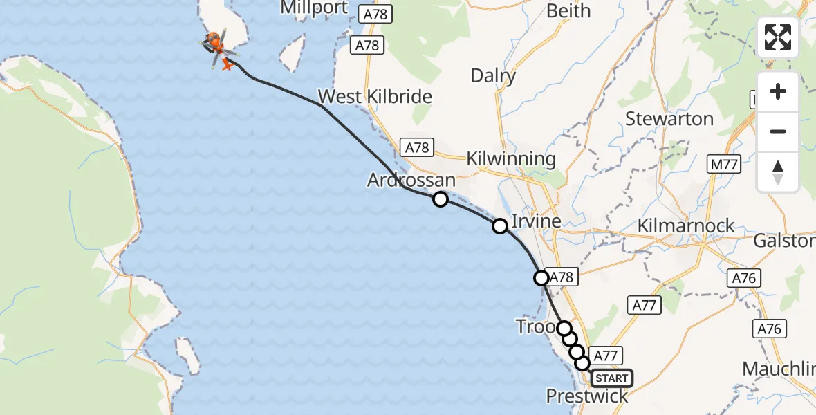 Flight route Coastguard Helicopter Glasgow Prestwick Airport - Inner Seas, 21 September 2026, 17:48