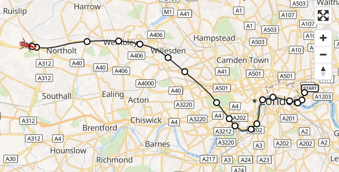Flight route Air Ambulance Helicopter Royal London Hospital - RAF Northolt, 21 September 2026, 18:17