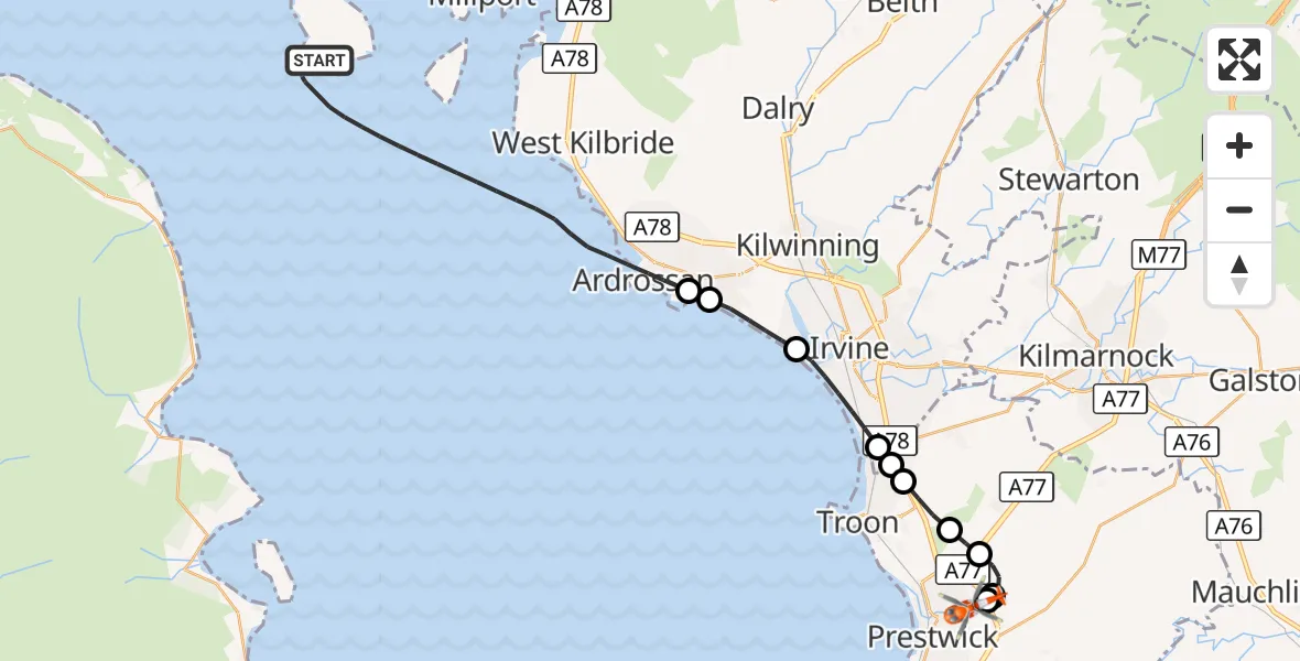 Flight route Coastguard Helicopter Inner Seas - Glasgow Prestwick Airport, 21 September 2026, 18:19