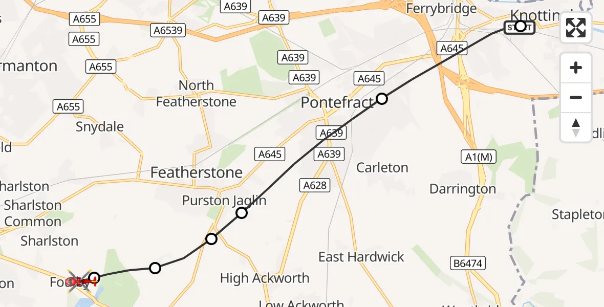 Flight route Air Ambulance Helicopter Knottingley - YAA Nostell Helicopter Port, 21 September 2026, 18:28