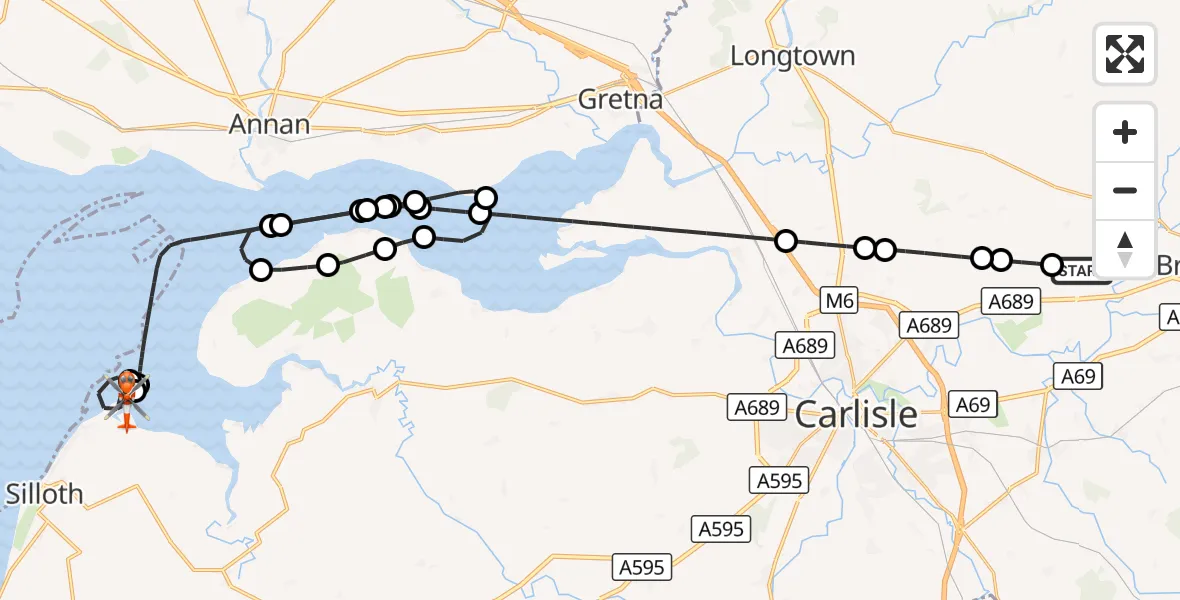 Flight route Coastguard Helicopter Carlisle Lake District Airport - Skinburness, 21 September 2026, 18:47