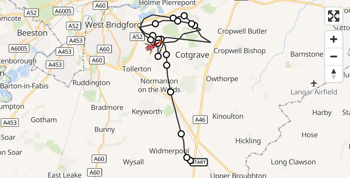 Flight route Air Ambulance Helicopter Nottingham Heliport - Nottingham City Airport, 21 September 2026, 19:07