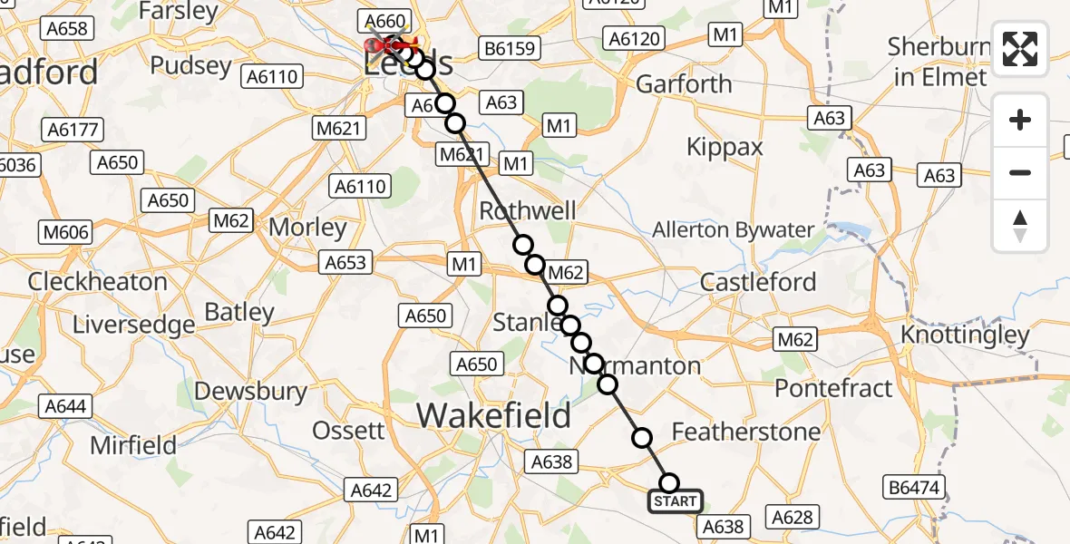 Flight route Air Ambulance Helicopter YAA Nostell Helicopter Port - Hyde Park, 21 September 2026, 19:14