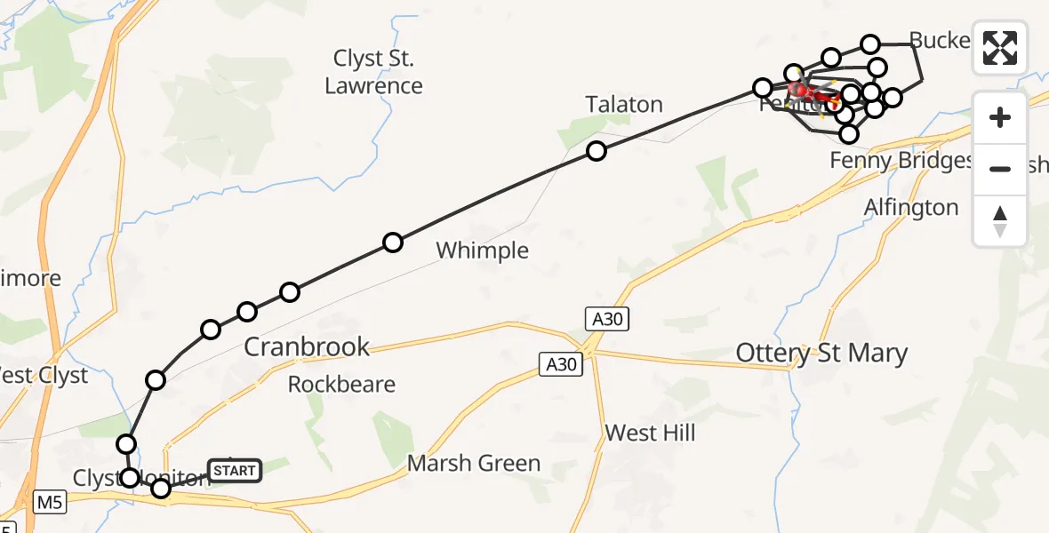 Flight route Air Ambulance Helicopter Exeter International Airport - Feniton, 21 September 2026, 19:22