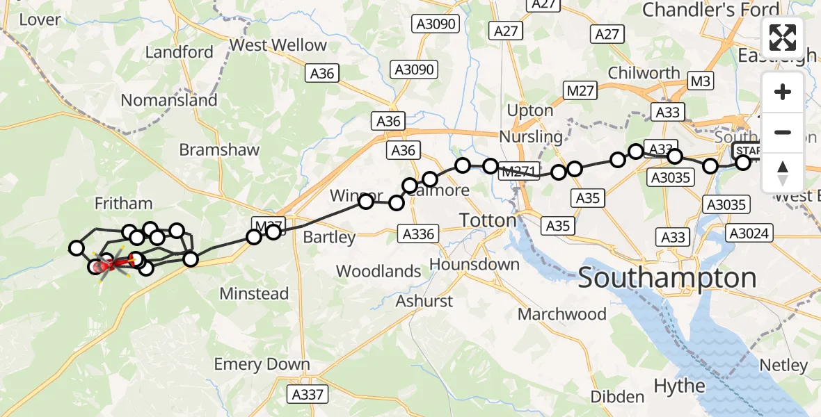 Flight route Air Ambulance Helicopter Southampton Airport - Minstead, 21 September 2026, 19:24