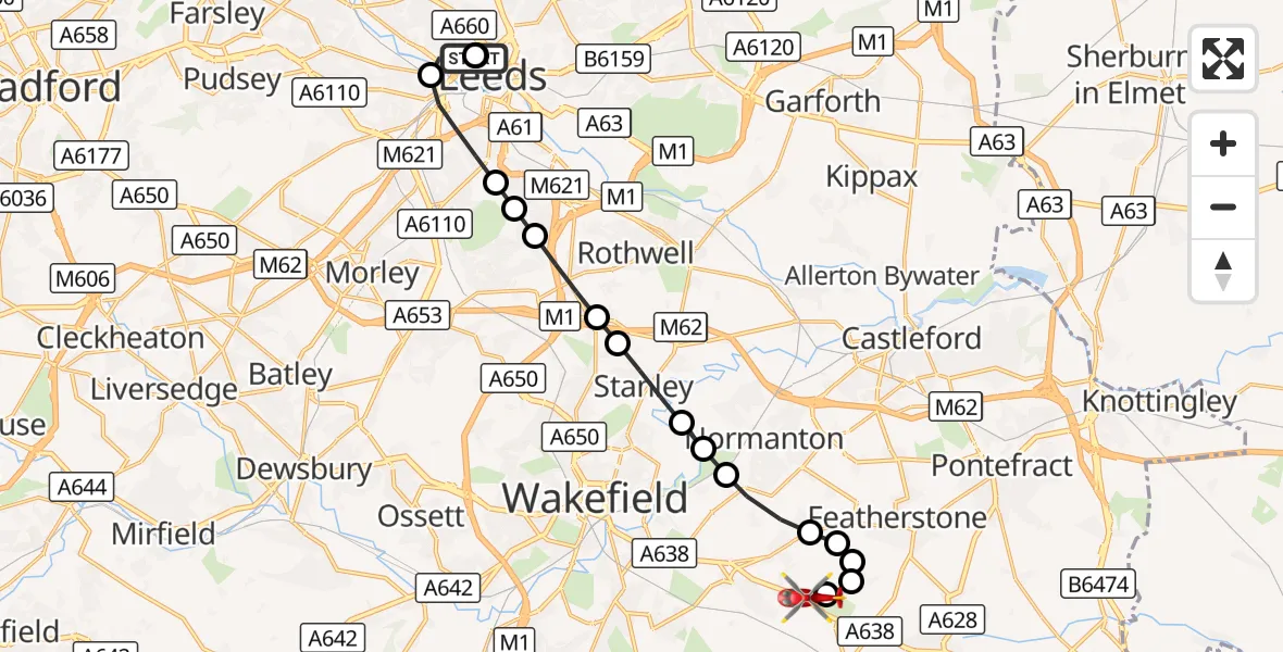 Flight route Air Ambulance Helicopter Woodhouse - YAA Nostell Helicopter Port, 21 September 2026, 19:28