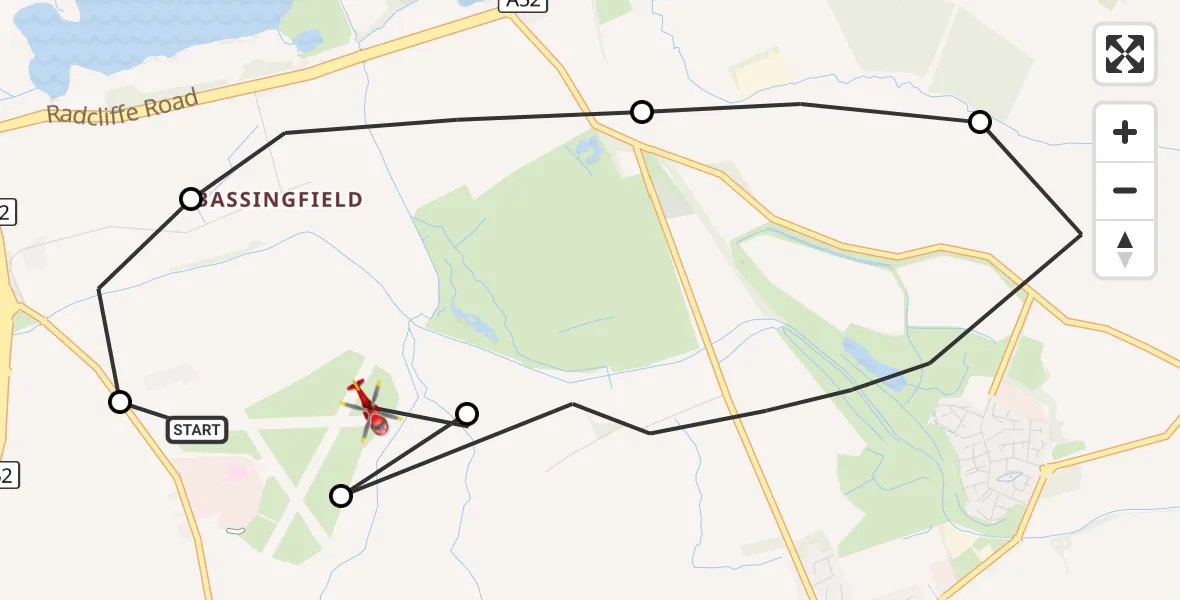 Flight route Air Ambulance Helicopter Nottingham City Airport - Nottingham City Airport, 21 September 2026, 19:30