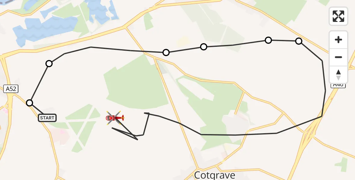 Flight route Air Ambulance Helicopter Nottingham City Airport - Cotgrave, 21 September 2026, 19:36