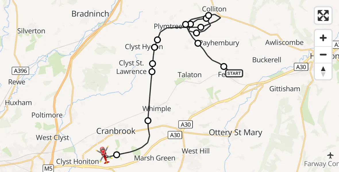Flight route Air Ambulance Helicopter Feniton - Exeter International Airport, 21 September 2026, 19:38