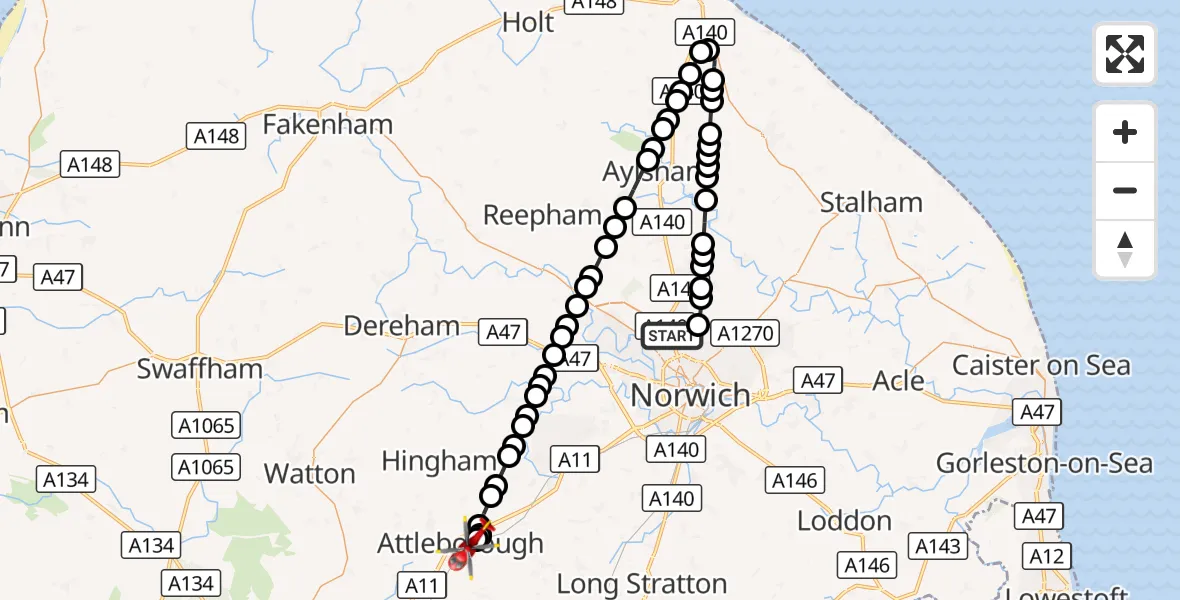 Flight route Air Ambulance Helicopter Norwich Airport - Attleborough, 21 September 2026, 19:38
