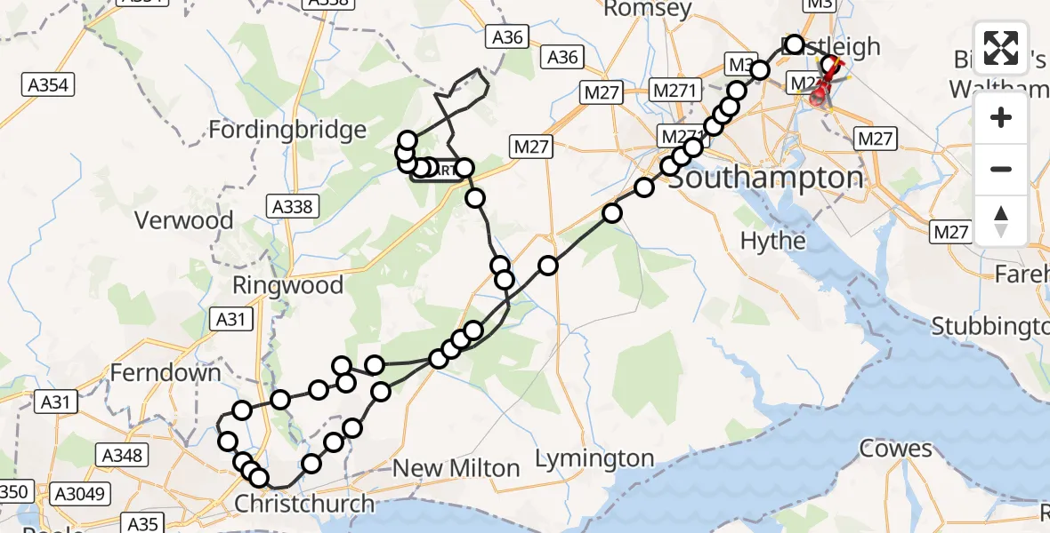 Flight route Air Ambulance Helicopter Minstead - Southampton Airport, 21 September 2026, 19:40
