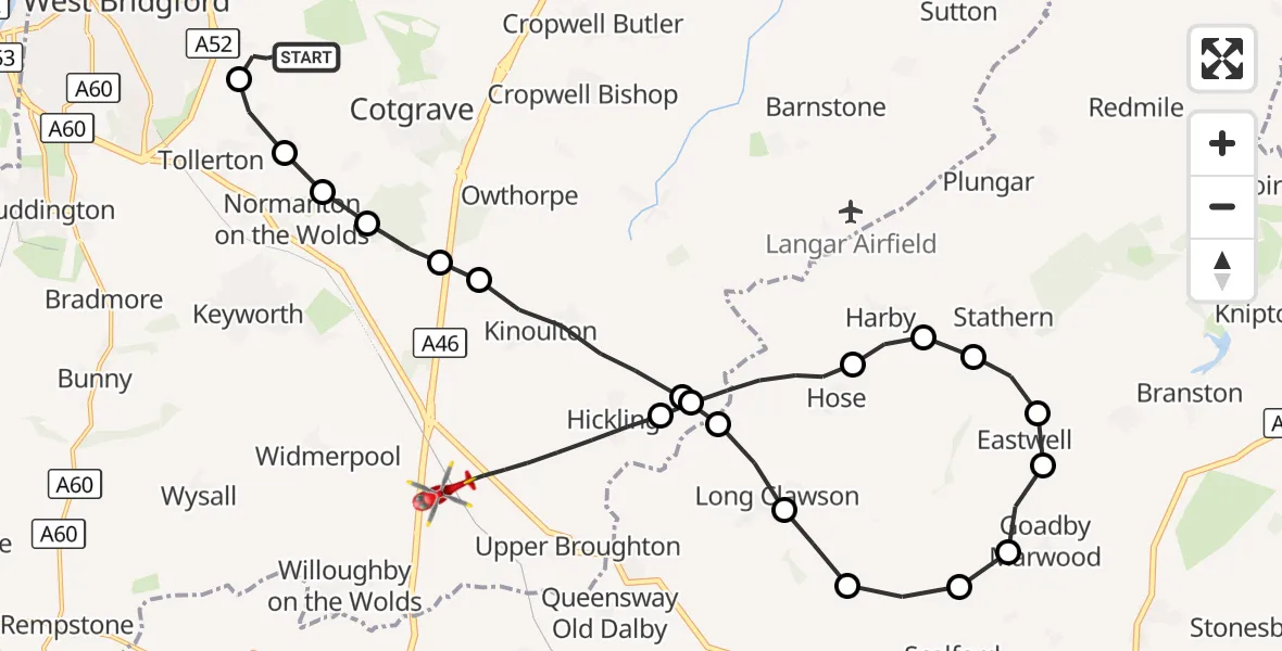 Flight route Air Ambulance Helicopter Nottingham City Airport - Nottingham Heliport, 21 September 2026, 19:49