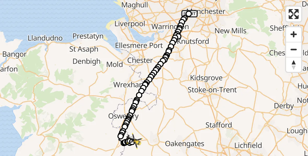 Flight route Police Helicopter Manchester Barton Aerodrome - Alberbury with Cardeston, 21 September 2026, 20:06