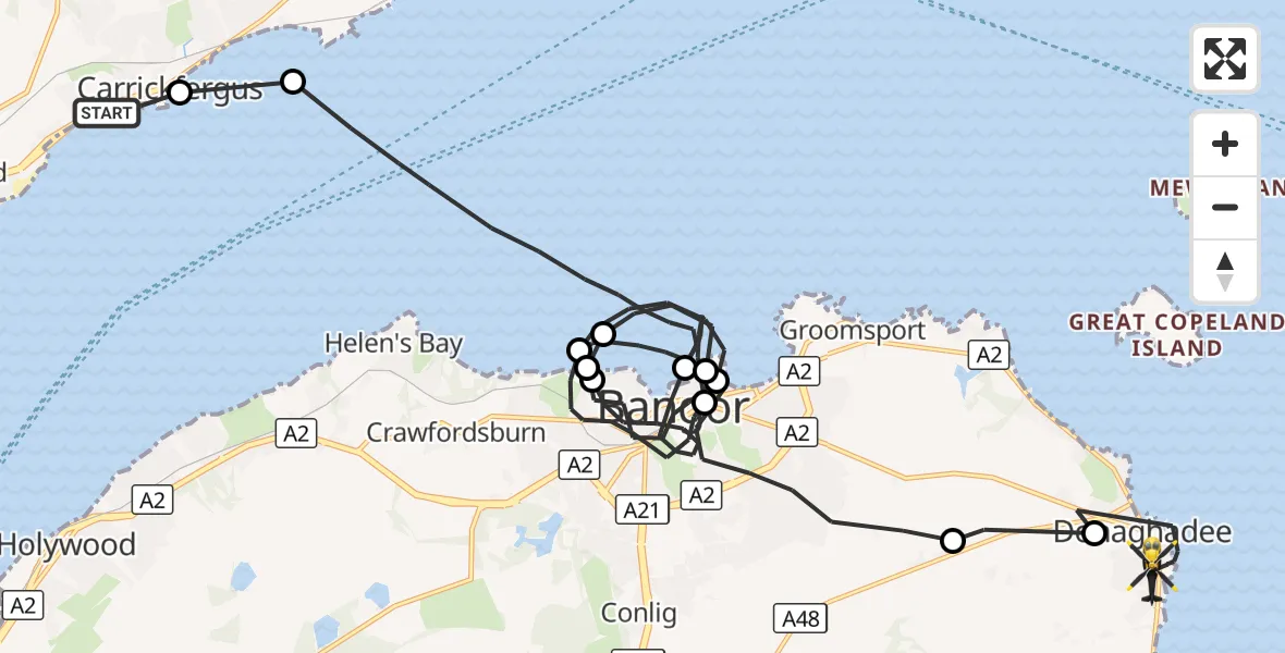 Flight route Police Helicopter Carrickfergus - Inner Seas, 21 September 2026, 20:29
