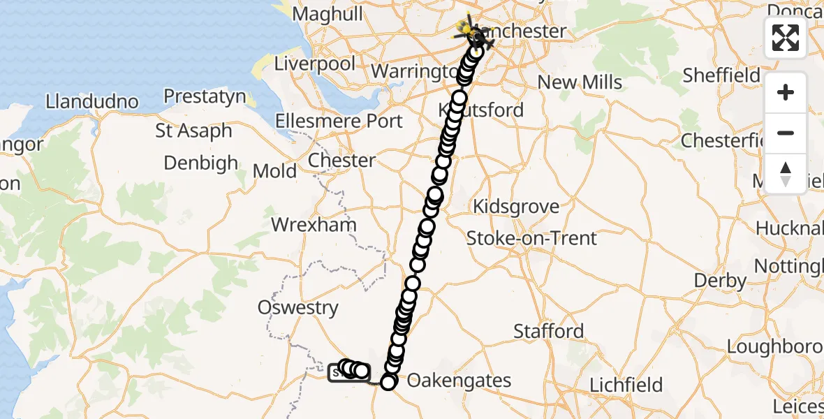 Flight route Police Helicopter Ford - Manchester Barton Aerodrome, 21 September 2026, 20:45