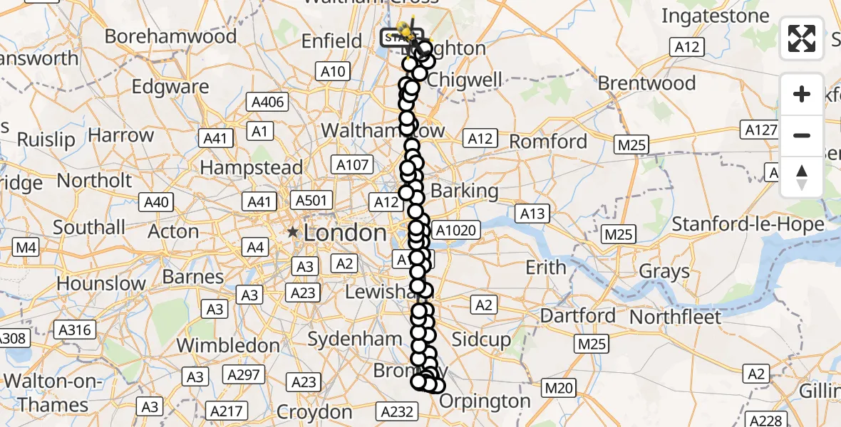 Flight route Police Helicopter Sewardstonebury - Metropolitan Police Air Support Unit Lippitts Hill, 21 September 2026, 21:37