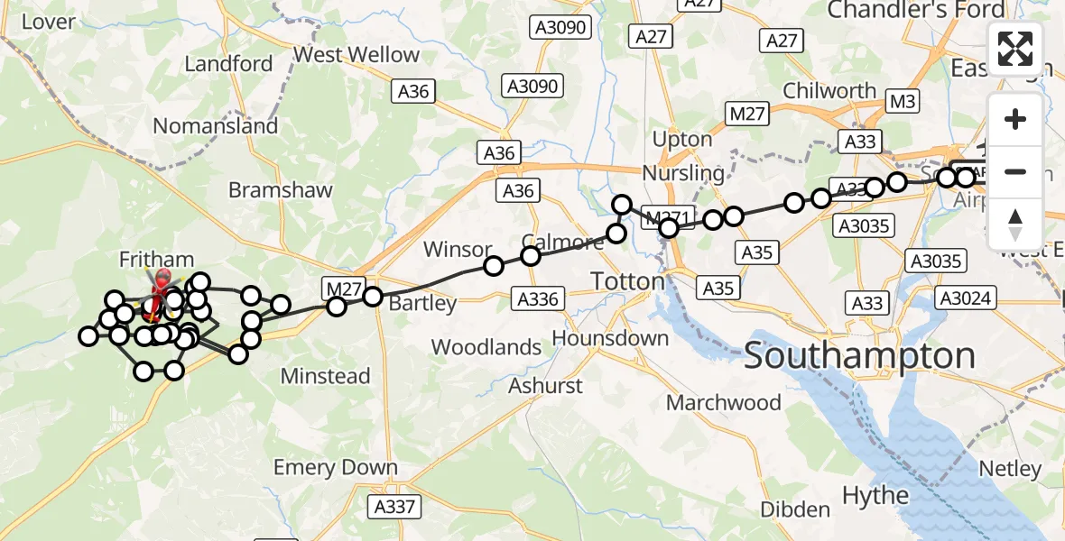 Flight route Air Ambulance Helicopter Southampton Airport - Fritham, 21 September 2026, 21:39