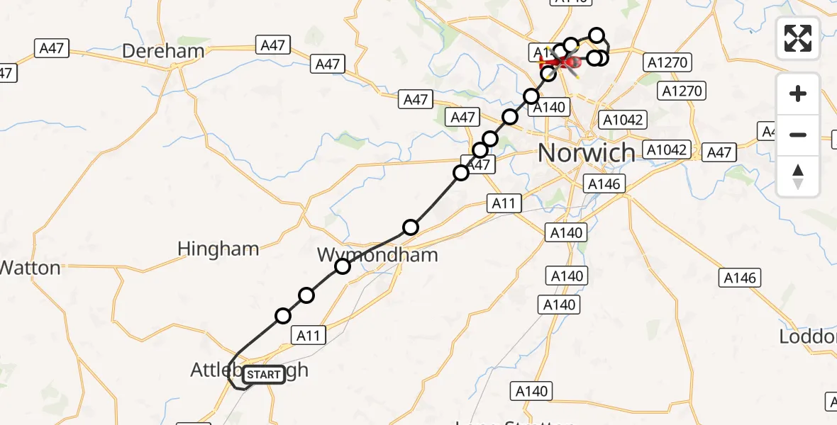 Flight route Air Ambulance Helicopter Attleborough - Norwich Airport, 21 September 2026, 21:40