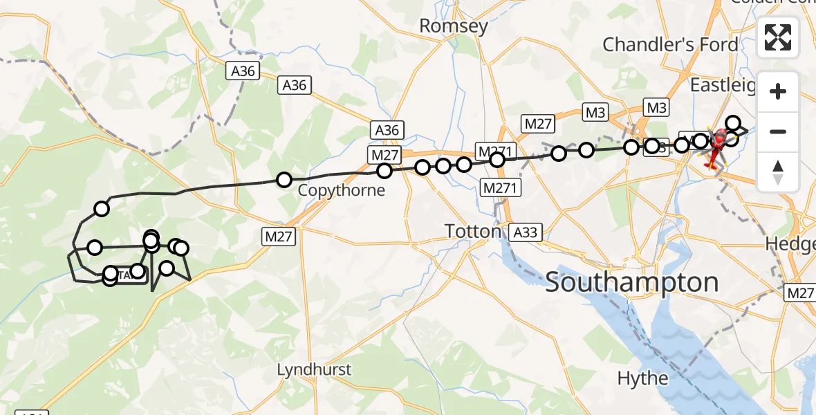 Flight route Air Ambulance Helicopter Bramshaw - Southampton Airport, 21 September 2026, 21:57