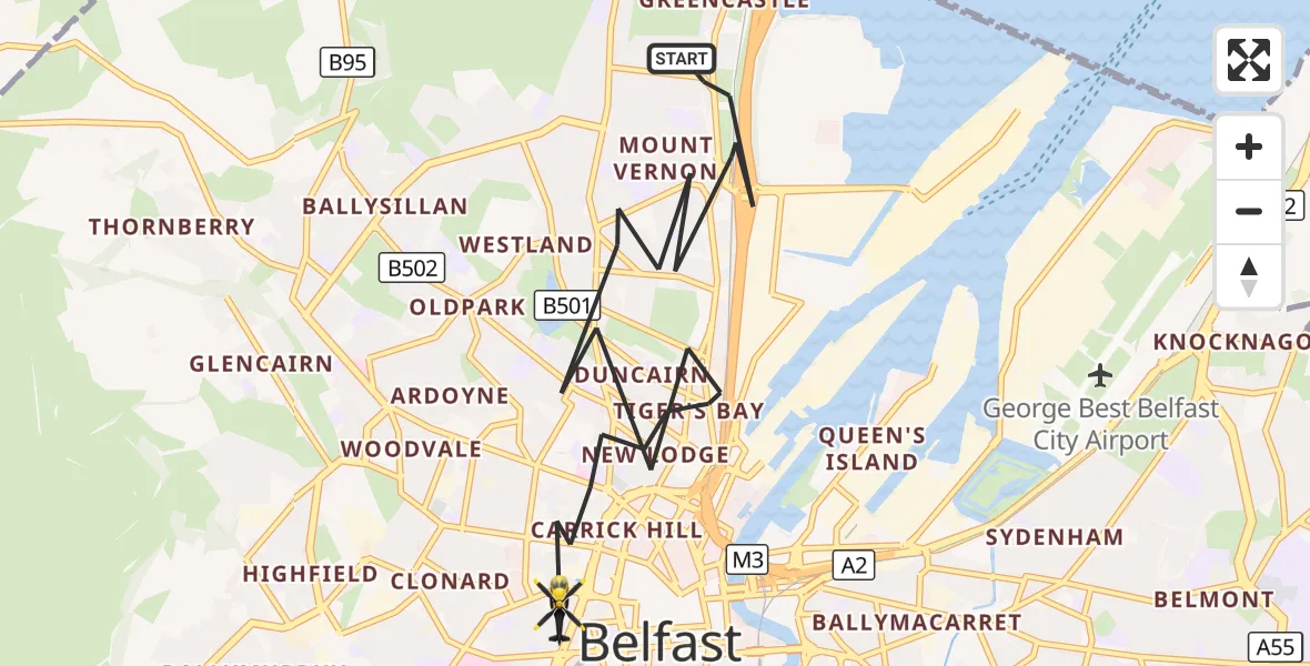 Flight route Police Helicopter Belfast City District - Belfast City District, 21 September 2026, 23:08