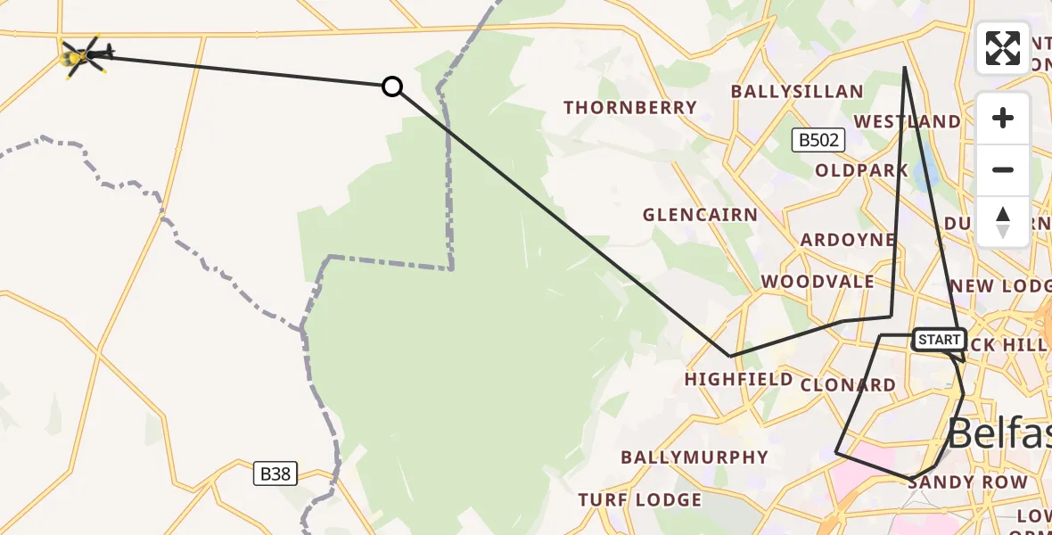 Flight route Police Helicopter Belfast City District - Antrim and Newtownabbey District, 21 September 2026, 23:19