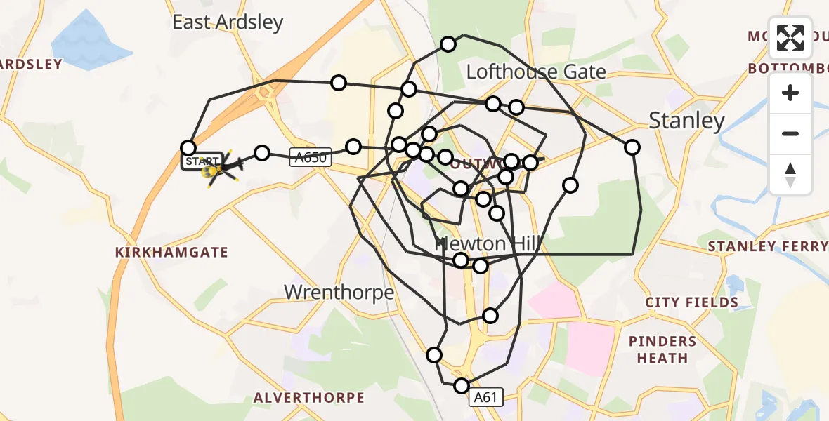 Flight route Police Helicopter East Ardsley - East Ardsley, 22 September 2026, 03:10