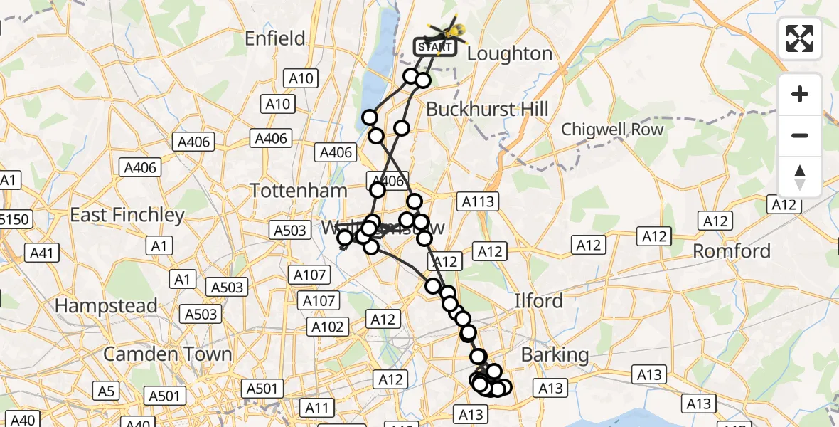 Flight route Police Helicopter Sewardstonebury - Metropolitan Police Air Support Unit Lippitts Hill, 22 September 2026, 04:46