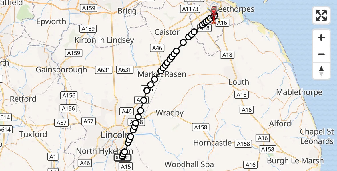 Flight route Air Ambulance Helicopter RAF Waddington - Bradley, 22 September 2026, 07:04