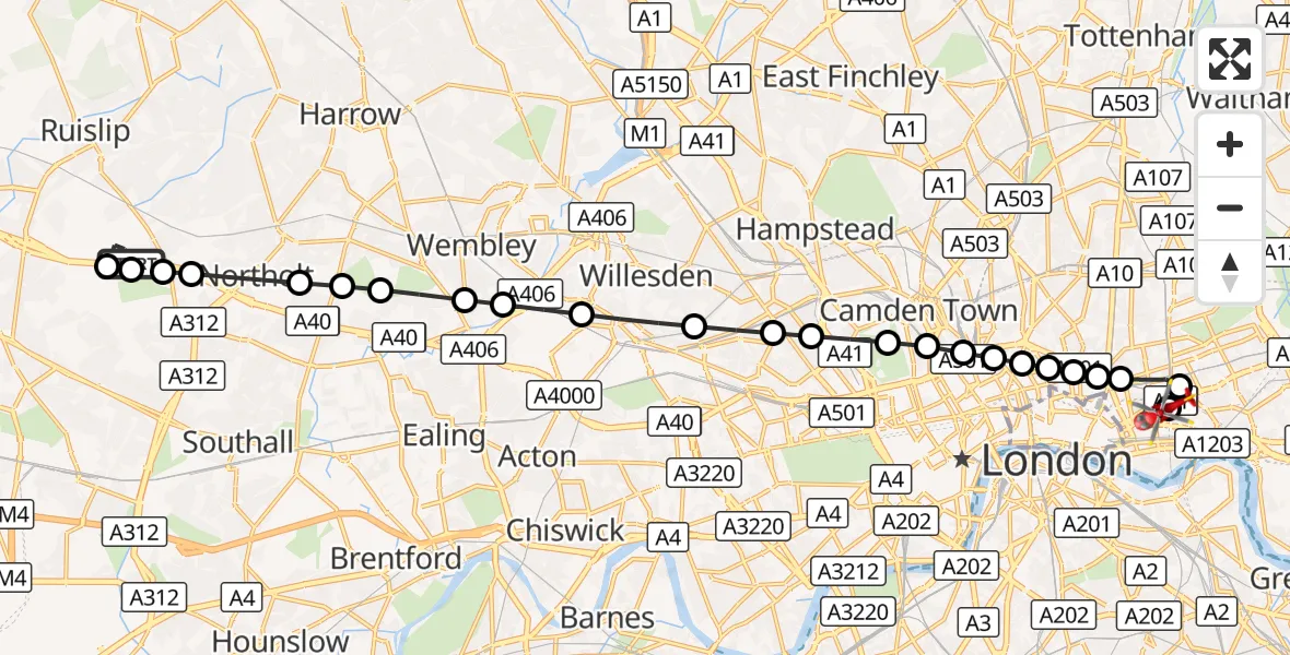 Flight route Air Ambulance Helicopter RAF Northolt - Royal London Hospital, 22 September 2026, 07:06