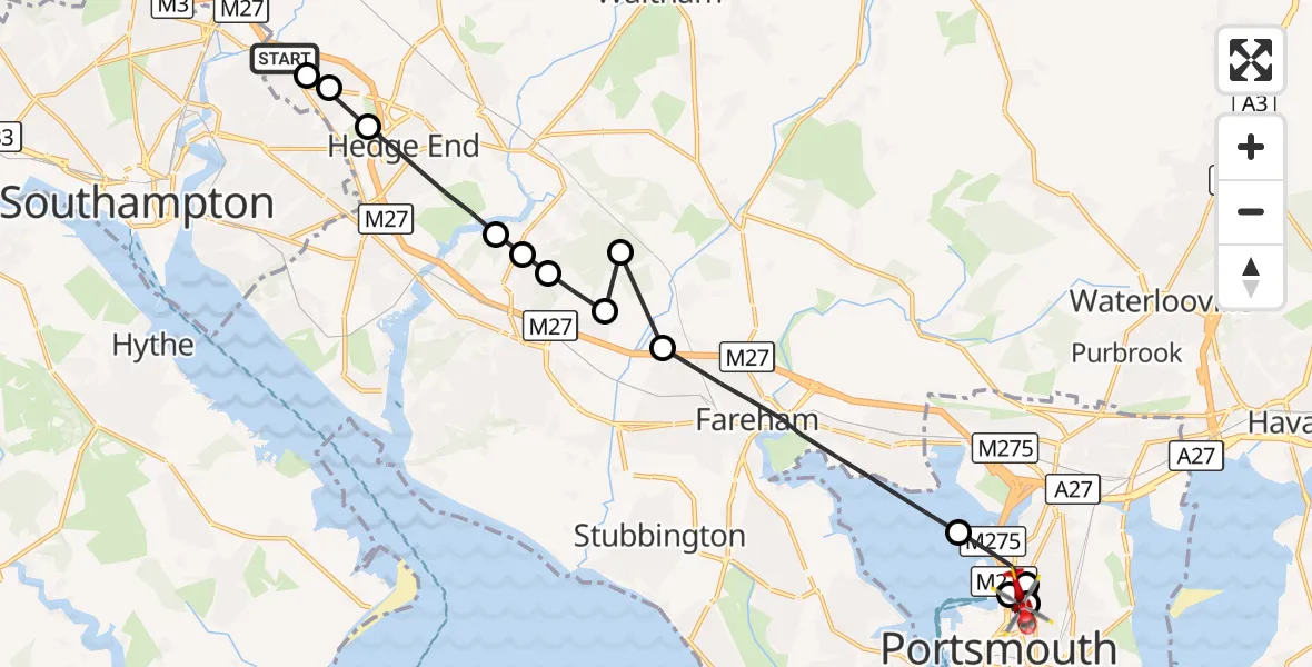 Flight route Air Ambulance Helicopter Eastleigh - Stamshaw, 22 September 2026, 07:45