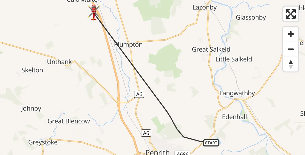 Flight route Air Ambulance Helicopter Penrith - Calthwaite, 22 September 2026, 07:52