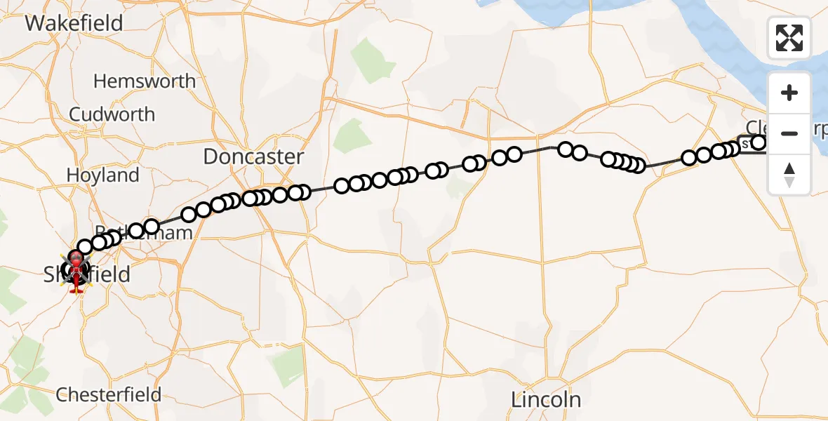 Flight route Air Ambulance Helicopter Grimsby - Sheffield Childrens Hospital, 22 September 2026, 08:07