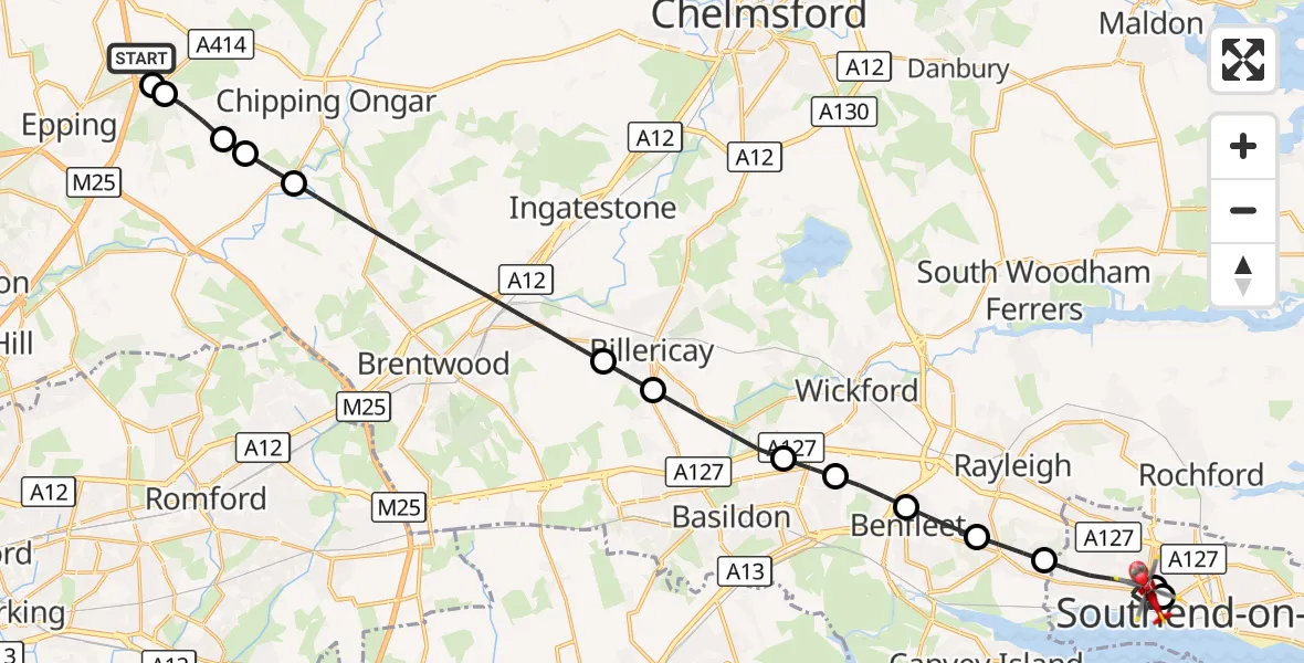 Flight route Air Ambulance Helicopter North Weald Airfield - Leigh on Sea, 22 September 2026, 08:17