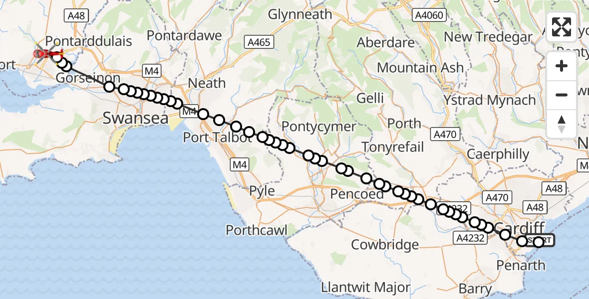 Flight route Air Ambulance Helicopter Cardiff Heliport - Dafen, 22 September 2026, 08:27