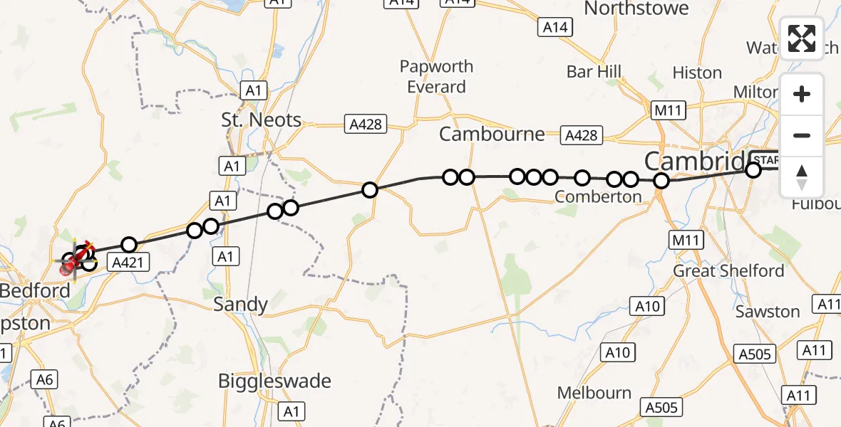 Flight route Air Ambulance Helicopter Cambridge City Airport - Bedford, 22 September 2026, 08:33
