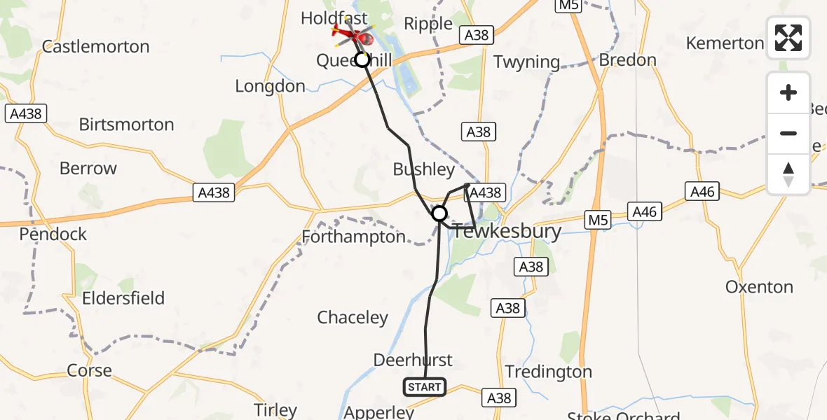 Flight route Air Ambulance Helicopter Tewkesbury - Upton-upon-Severn, 22 September 2026, 08:44