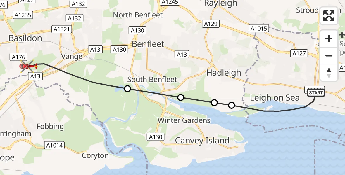 Flight route Air Ambulance Helicopter Leigh on Sea - Basildon, 22 September 2026, 08:57
