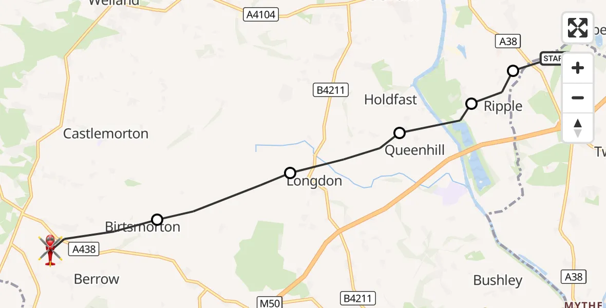 Flight route Air Ambulance Helicopter Tewkesbury - Berrow, 22 September 2026, 09:00