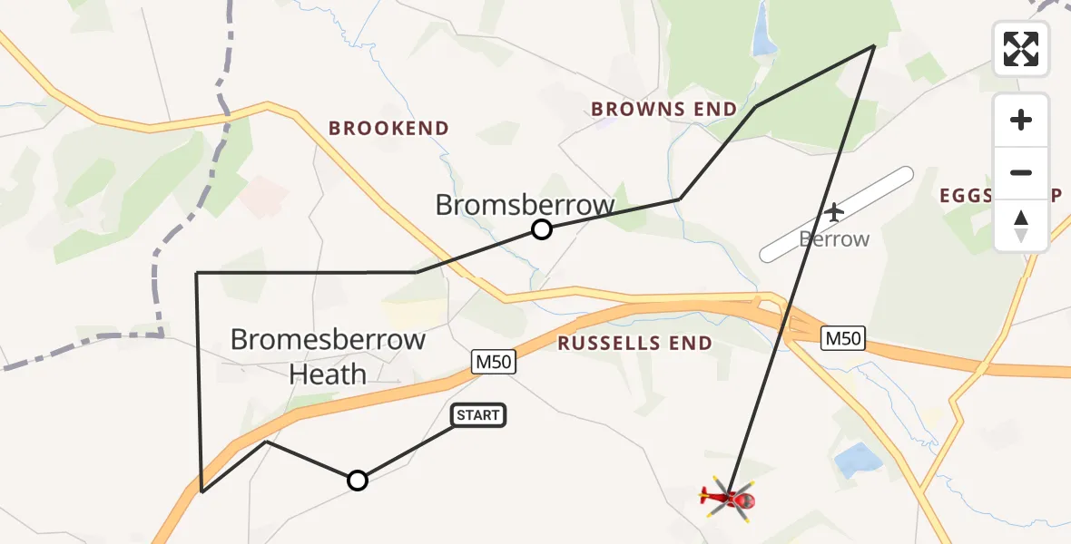 Flight route Air Ambulance Helicopter Bromsberrow - Forest of Dean, 22 September 2026, 09:08