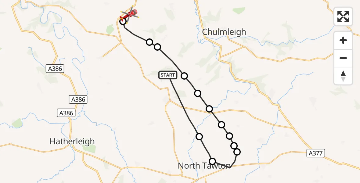Flight route Air Ambulance Helicopter Winkleigh - Roborough, 22 September 2026, 09:19