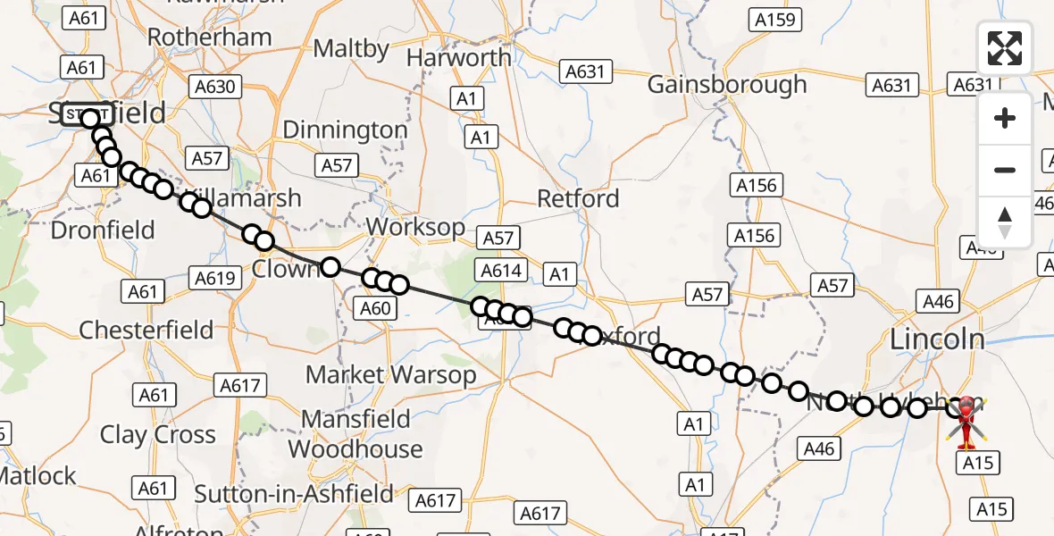 Flight route Air Ambulance Helicopter Sheffield Childrens Hospital - North Kesteven, 22 September 2026, 09:21