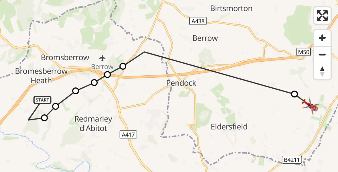Flight route Air Ambulance Helicopter Bromesberrow Heath - Eldersfield, 22 September 2026, 09:27