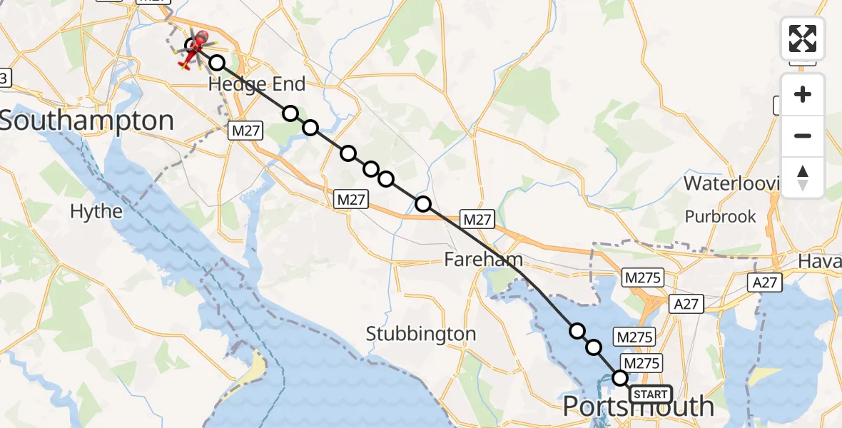 Flight route Air Ambulance Helicopter Buckland - West End, 22 September 2026, 09:36