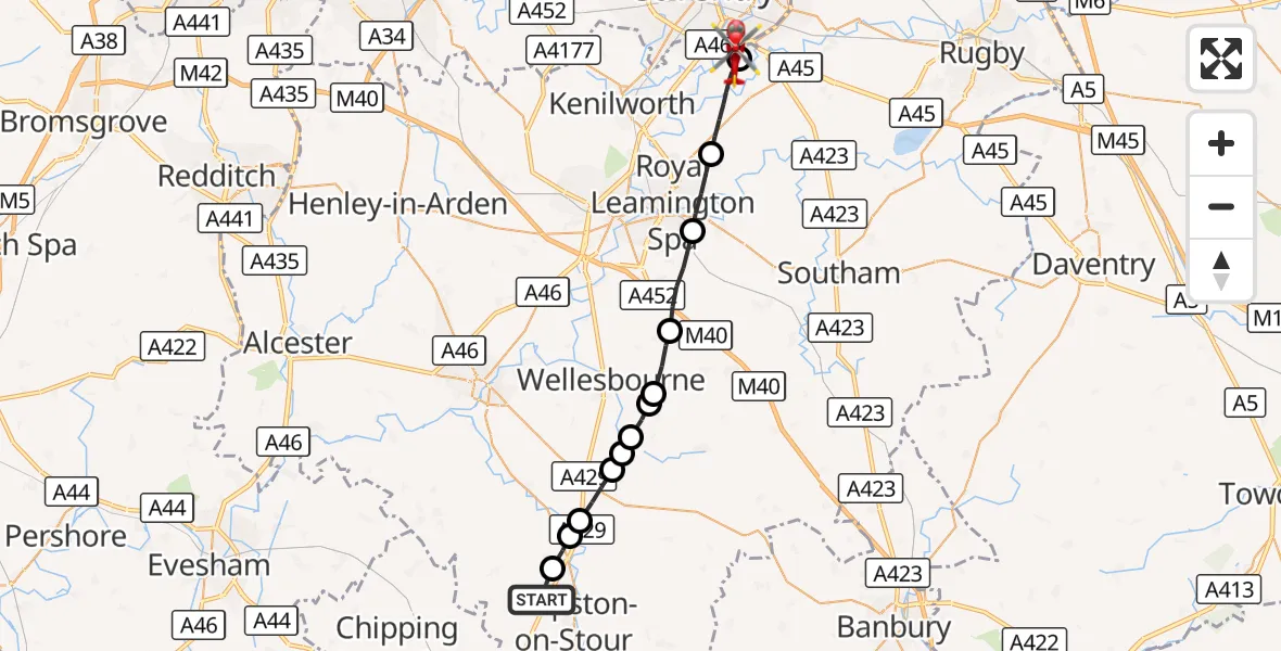 Flight route Air Ambulance Helicopter Tredington CP - Coventry Airport, 22 September 2026, 09:37