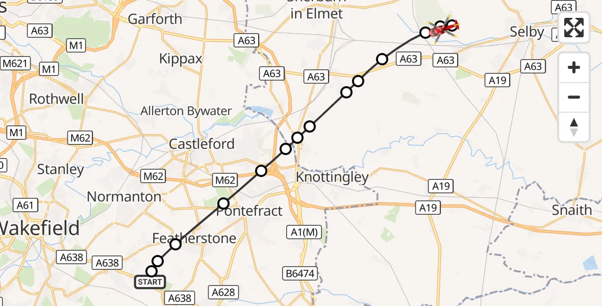 Flight route Air Ambulance Helicopter YAA Nostell Helicopter Port - Cawood, 22 September 2026, 09:39
