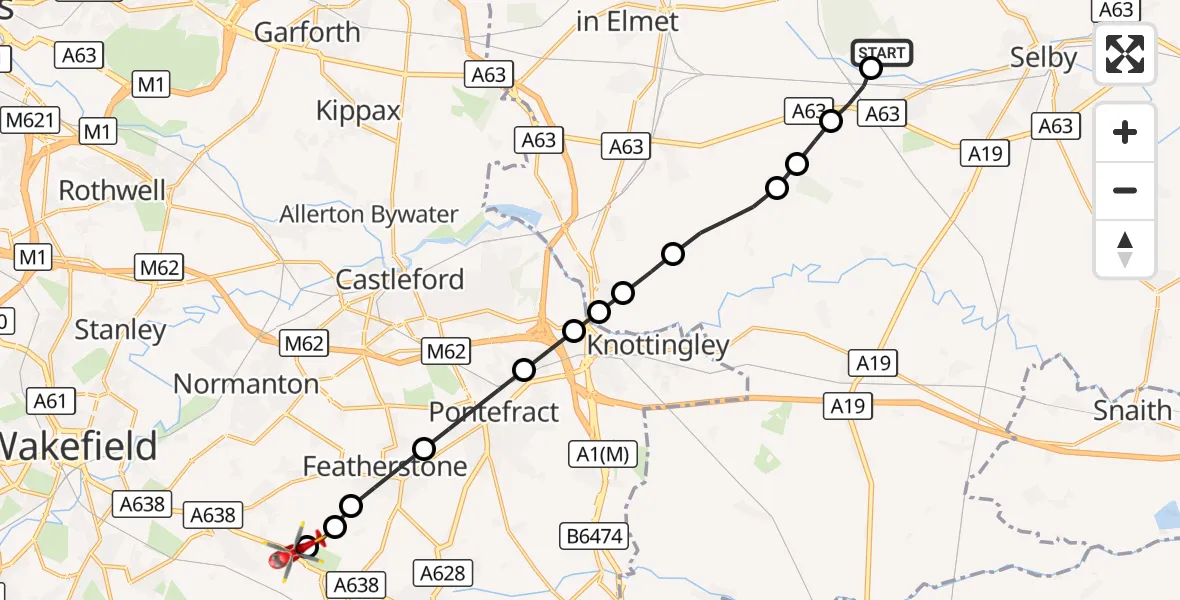Flight route Air Ambulance Helicopter Cawood - YAA Nostell Helicopter Port, 22 September 2026, 09:58