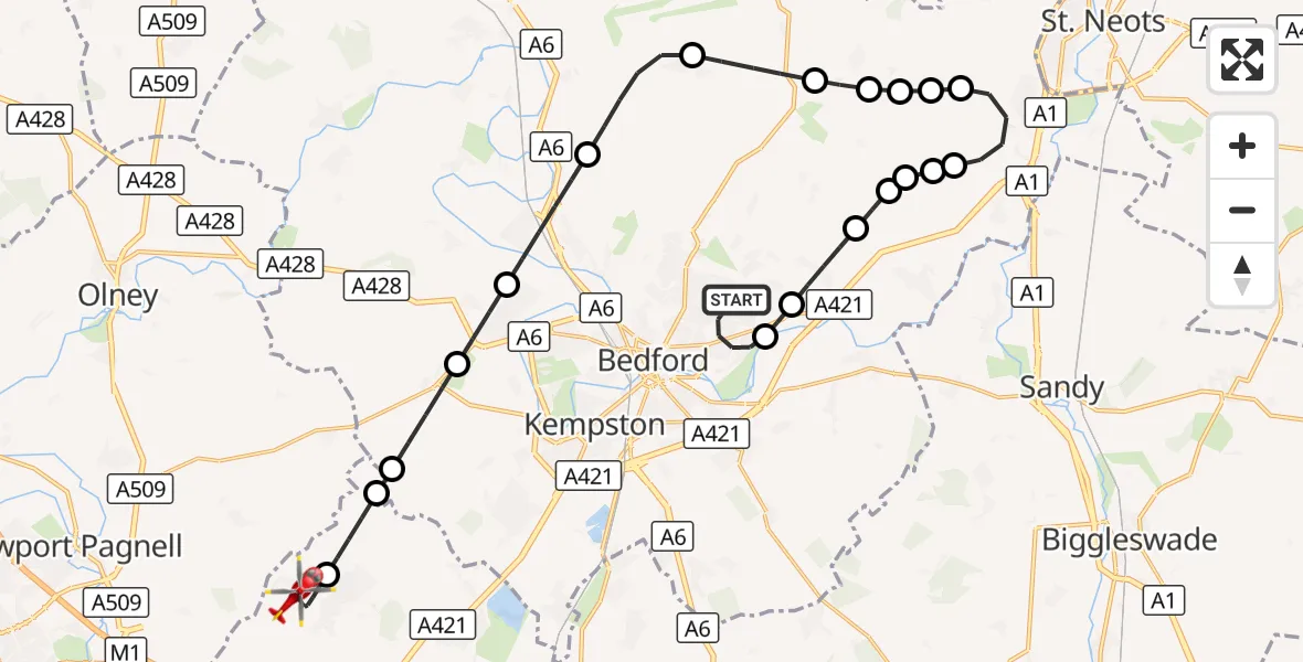 Flight route Air Ambulance Helicopter Bedford - Cranfield Airport, 22 September 2026, 10:03