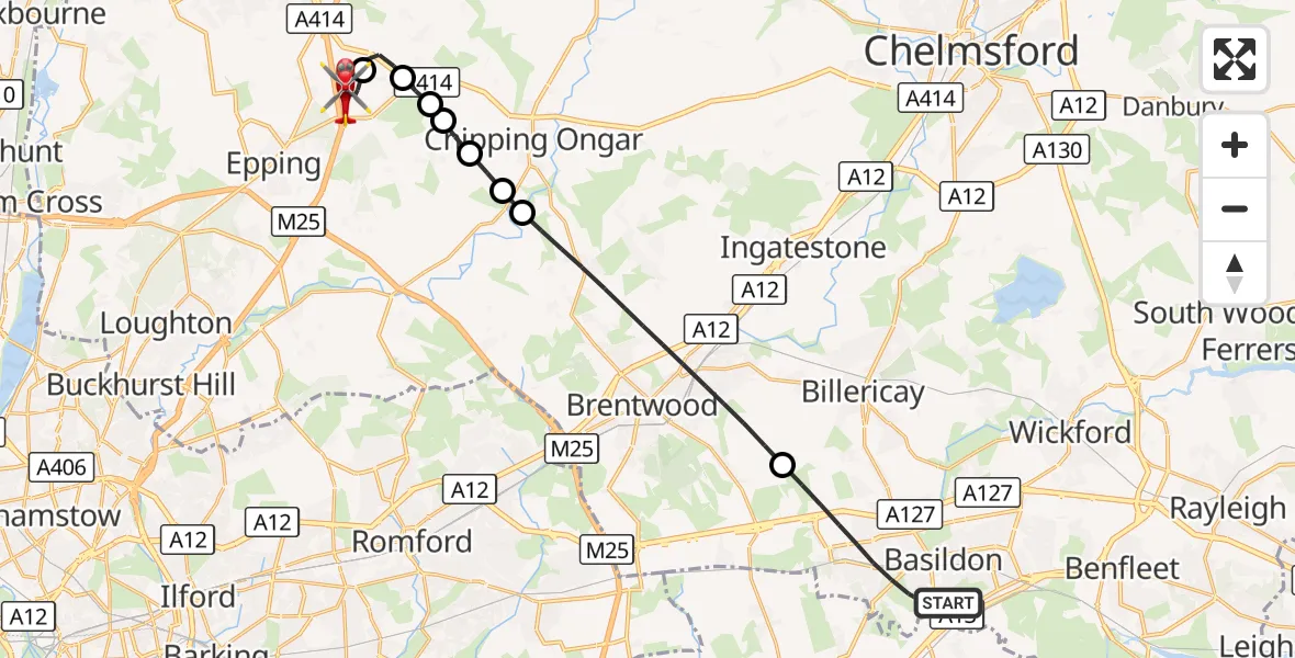 Flight route Air Ambulance Helicopter Basildon - North Weald Airfield, 22 September 2026, 10:08