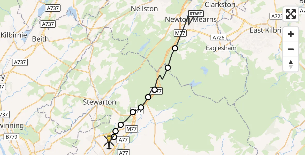 Flight route Police Helicopter Newton Mearns - Kilmarnock, 22 September 2026, 10:31